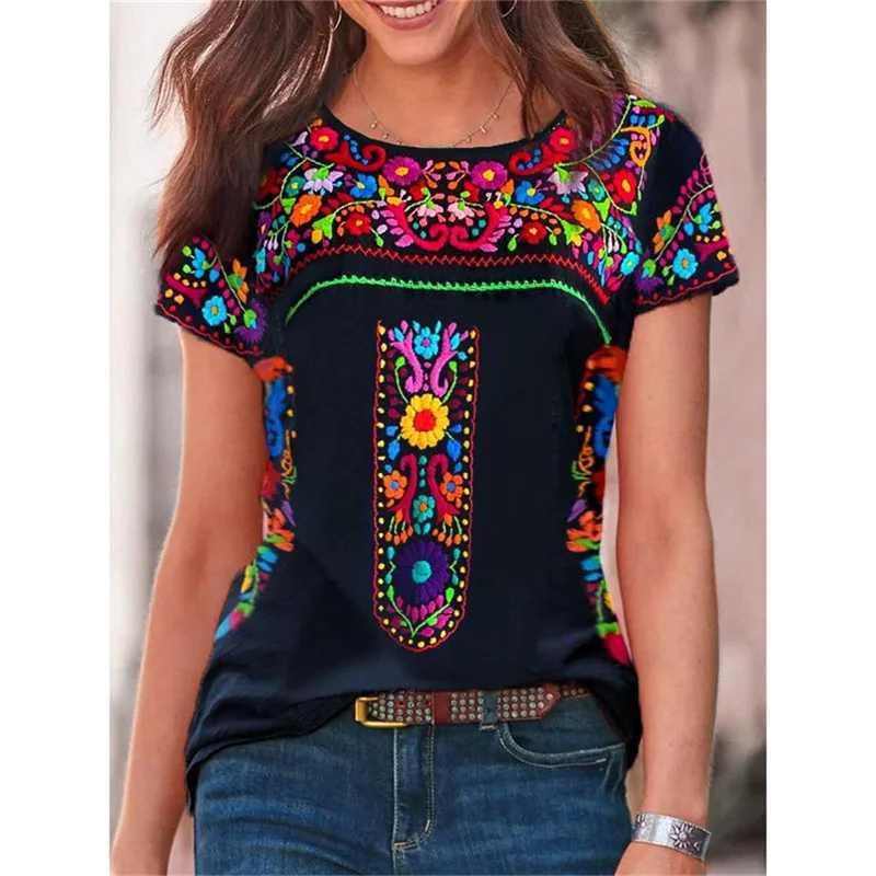 

Summer Women Fashion Casual O Neck T Shirt Vintage Boho Ethnic Floral Print Short Sleeve Loose Top Female T Shirt 2022