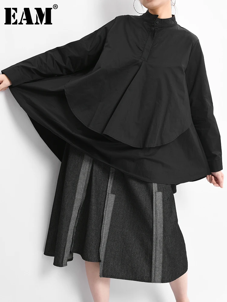 

[EAM] Women Black Irregular Double Layers Big Size Blouse New Stand Collar Long Sleeve Shirt Fashion Spring Autumn 2022 C006111