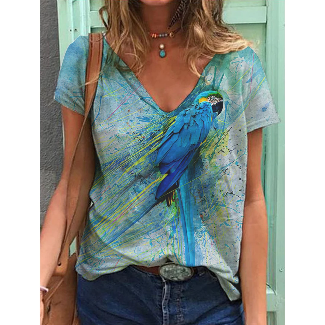 

Женская футболка с принтом в виде попугая, Повседневная Свободная футболка большого размера с V-образным вырезом, лето 2022