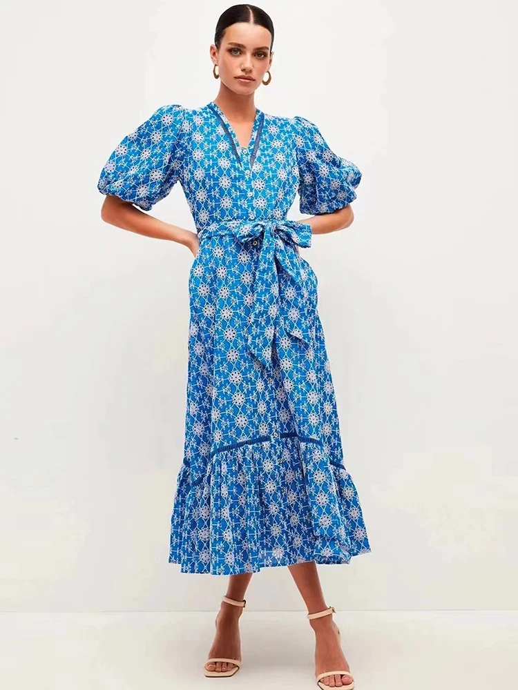 

Delocah High Quality Summer Women Fashion Runway Party Midi Dress Short Lantern Sleeve Bow Sashes Print Big Swing A-Line Dresses