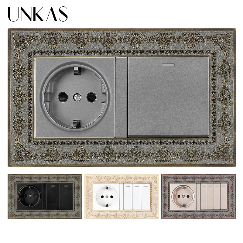 

UNKAS 4D Zinc Alloy Metal Panel Russia Spain EU Socket + 1 2 3 4 Gang 1 / 2 Way On / Off Light Switch Embossing Retro Frame