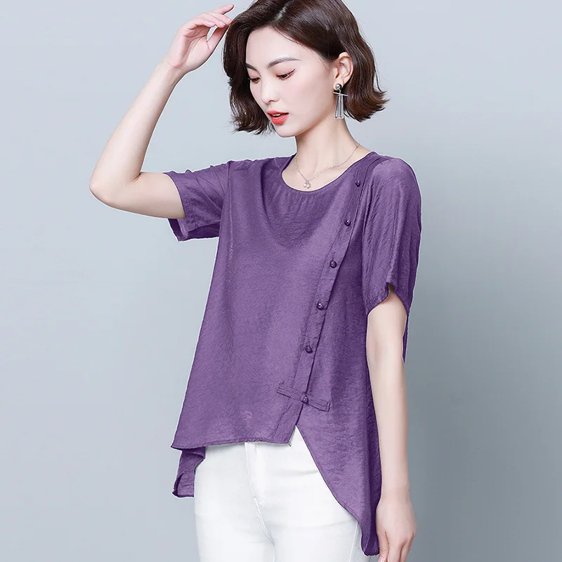 

New Women LooseT-shirt Summer 2022 Fashion O-Neck Short Sleeve Asymmetrical Cotton Linen T-shirt Elegant Irregular Tee Tops