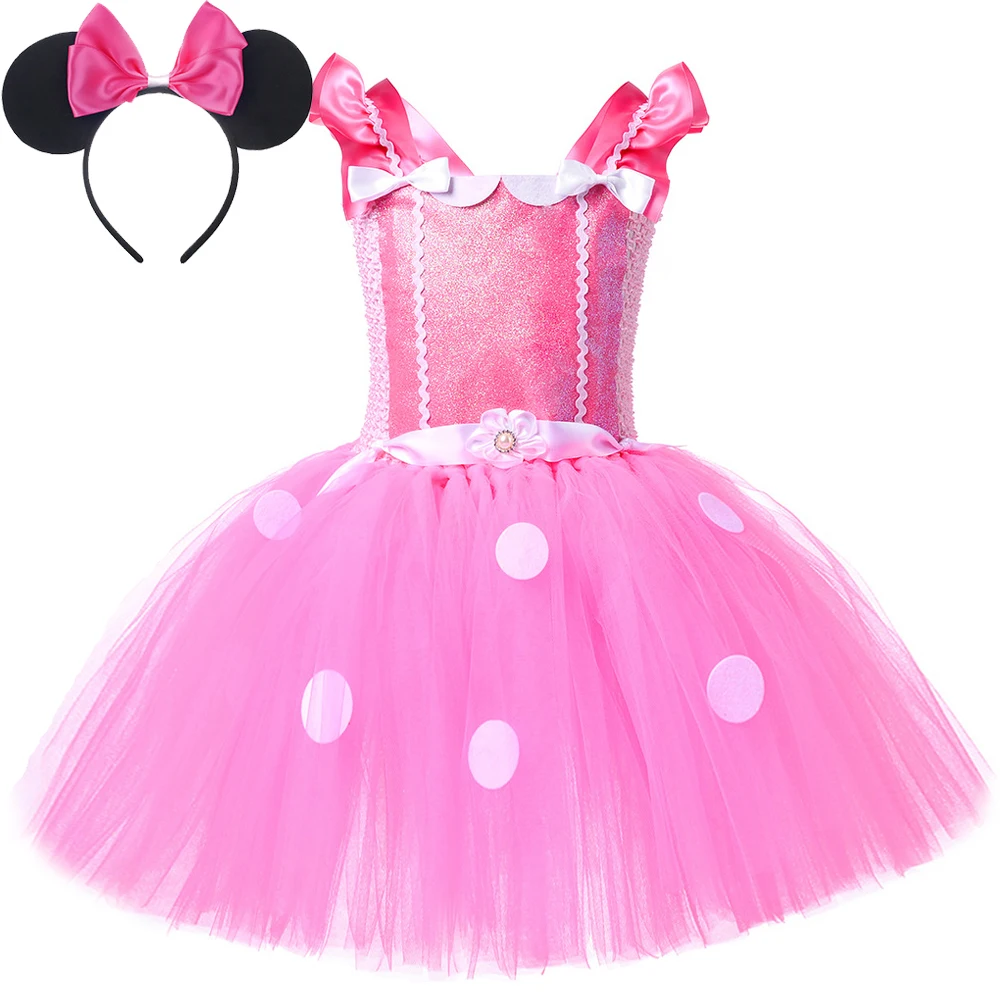 

Baby Girls Pink Minnie Mouse Costume for Kids Birthday Halloween Tutu Dress Disney Cartoon Princess Dresses Children Dots Outfit