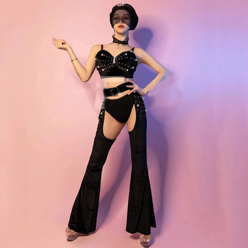 

Bar Nightclub Singer DJ DS Black Velvet Pearls Bikini Cutout Trousers Women Jazz Dance Costume Stage Show Rave Outfits XS4911