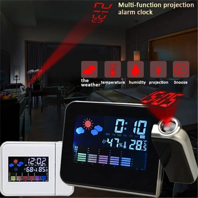 

Digital Led Backlight Display Projection 180° Rotate Alarm Clock Color Screen Snooze Weahter Temperature Thermometer Humidity