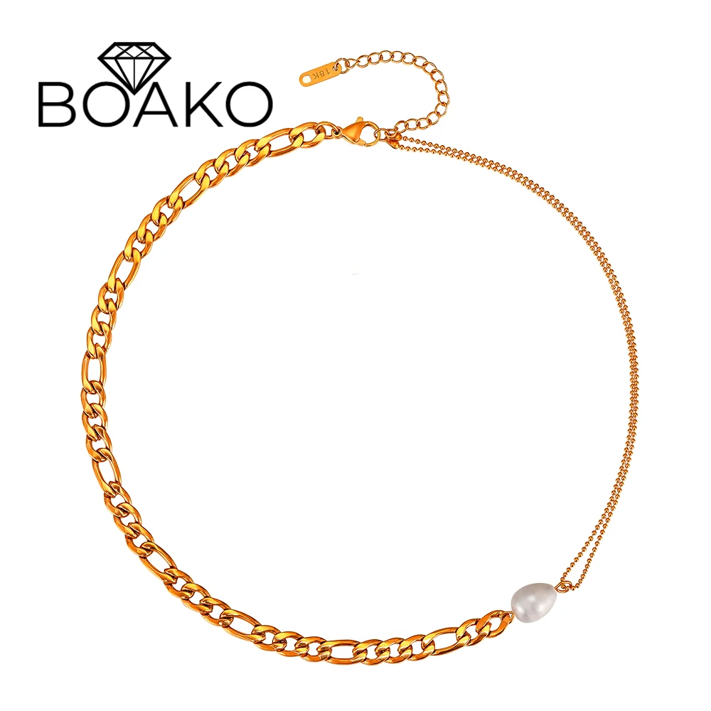

BOAKO Europe and America Cuba Chain Necklaces Light Luxury Stainless Steel Freshwater Pearl Chokers Necklace Waterproof Jewelry