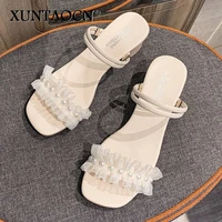 fashion square crystal heels pearl women sandals 2022 lace ruffles string bead high heels open toe fairy style female slippers