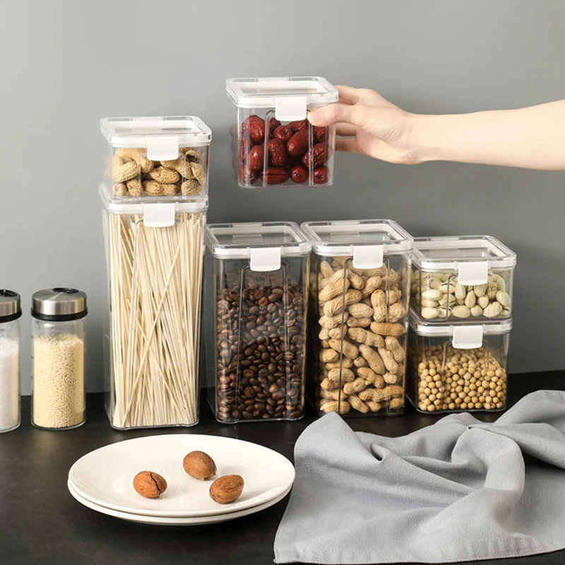 

PET Food Storage Containers Kitchen Square Transparent Sealed Jar Cereals Grains Can Snacks Dried Fruit Plastic Box 460ml-1800ml