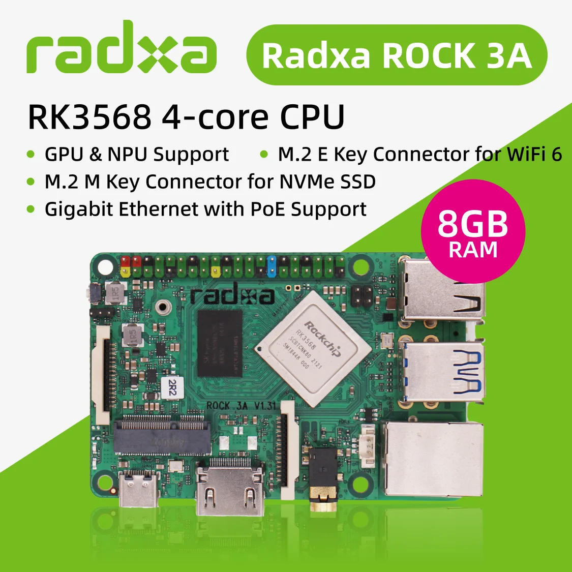 Фото AvaCoreRadxa Rock 3a RK3568 4-ядерный процессор SBC, GPU, NPU, с поддержкой вывода 4K, одноплатный компьютер №5