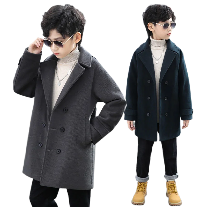 

Boys Wool Coat Autumn Winter Children's Jacket Fashion Turn Collar Plaid Keep Warm Outerwear Teenage Clothes 2023 New 5-14Year
