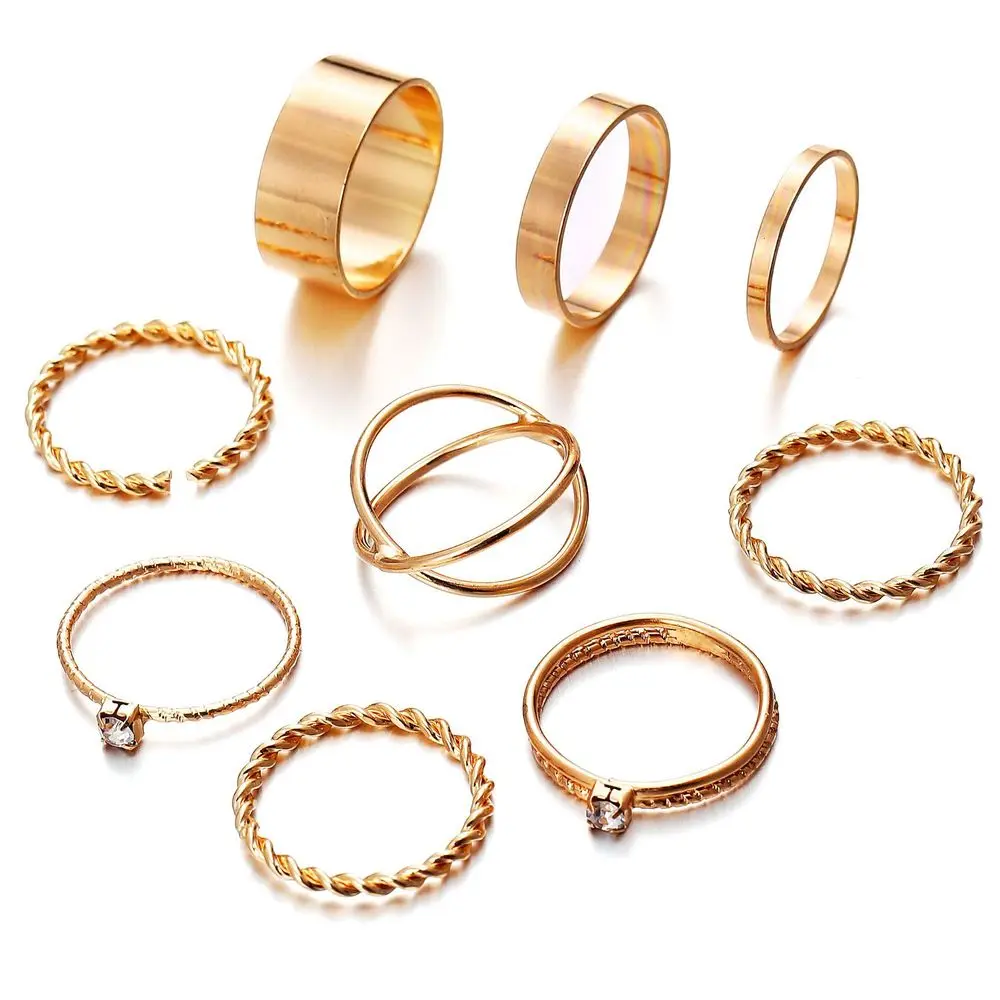 

9PCS Gold Finger Ring Female Women's Minimal Minimalist Jewelry Crystal Knuckle Toe Sets Beautiful Gift s
