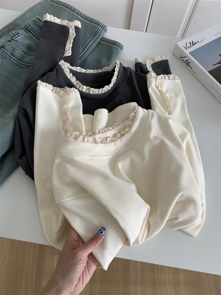 Кружевная бархатная базовая рубашка с длинными рукавами для женщин утолщенной