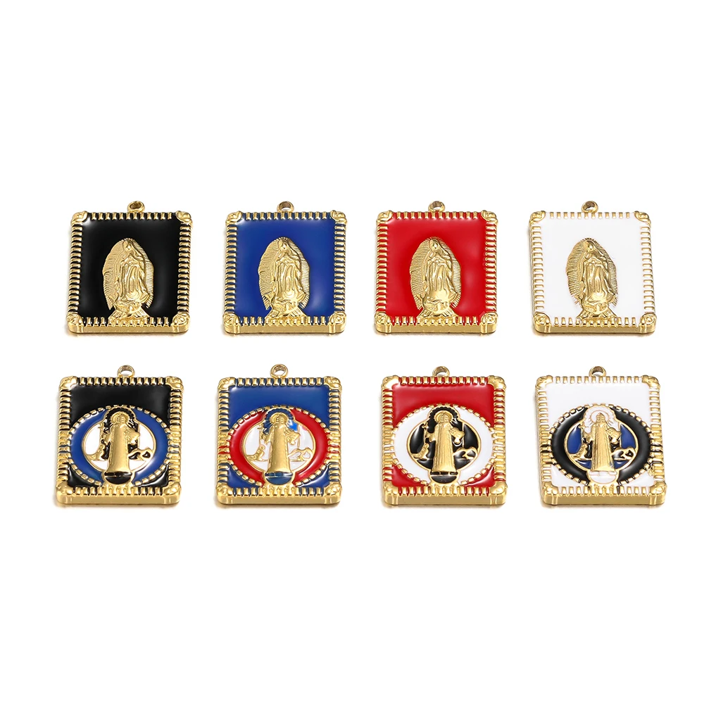 5pcs Stainless Steel Embossed Jesus Christ Pendants Square Enamel Charms for DIY Jewelry Gifts Making Bracelet Necklace Findings