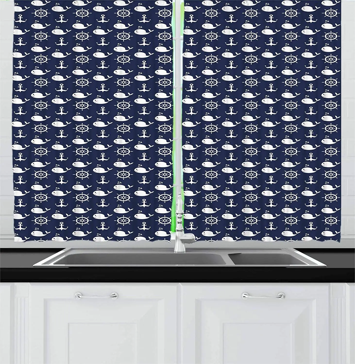 

Maritime Pattern with Whales Helms Anchors Nautical Elements Deep Sea Life Window Drapes Blackout Curtains for Kitchen Cafe Room