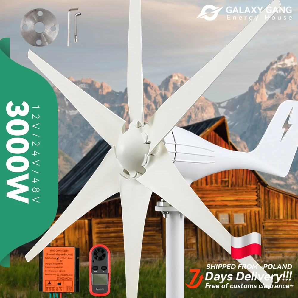 

3kw Windmills Turbine Generator Power 3000w 48v 24v 12v 6 Blades With Off Grid System Mppt & Hybrid Charge Controller For Home