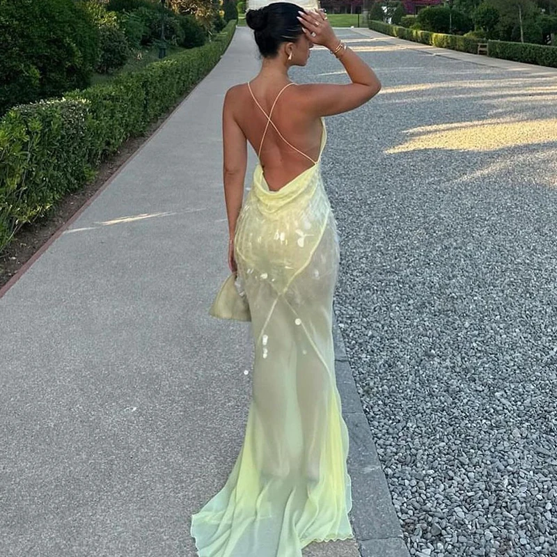 Lady Deep V Sequin Slim Mermaid Dress Sexy Hollow Sleeveless High Waist Evening 2025 Casual Off Shoulder Suspender Dresses