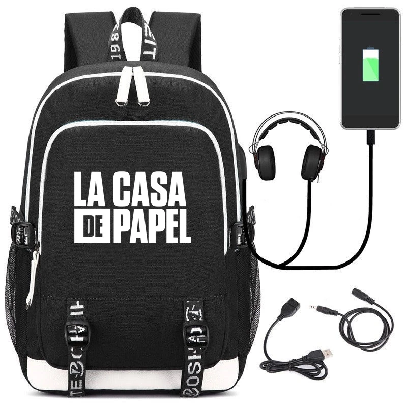 

Spain Tv La Casa De Papel Backpack School Bag for Boys Girls To School Travel Lumions Backpack with USB Charging Student Bag