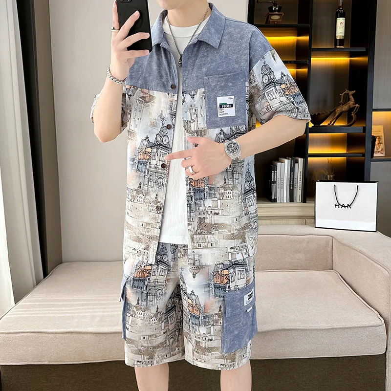 Casual 2023 Summer New Shirts And Shorts Men's Sets Hip Hop Streetwear Loose Two Piece Top Tee&Knee-Length Pant Youth Print Suit