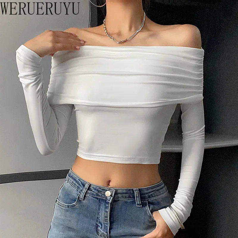 Сексуальная футболка с открытыми плечами женские укороченные топы длинными