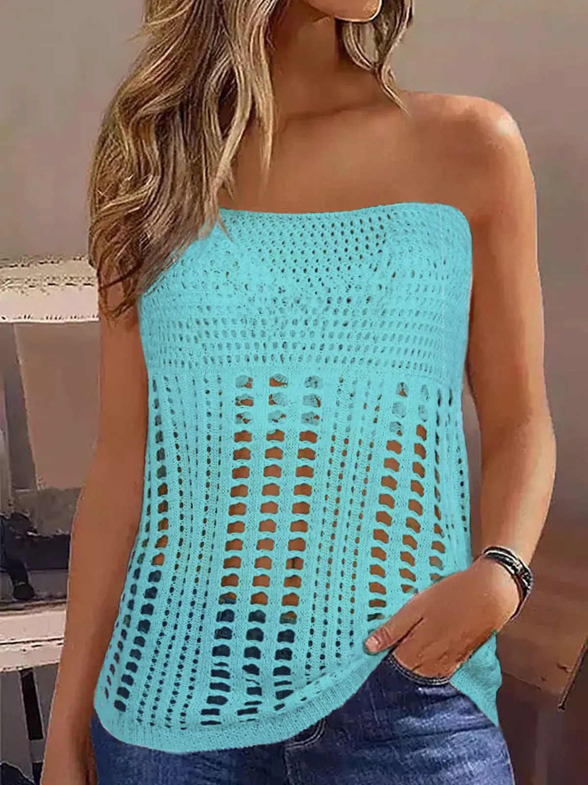 

Women's Knitted Hollow Out Strapless Bandeau Tank Tops Summer Solid Color Sleeveless Shirt Sports Gym Short Vest V-Neck Crop Top