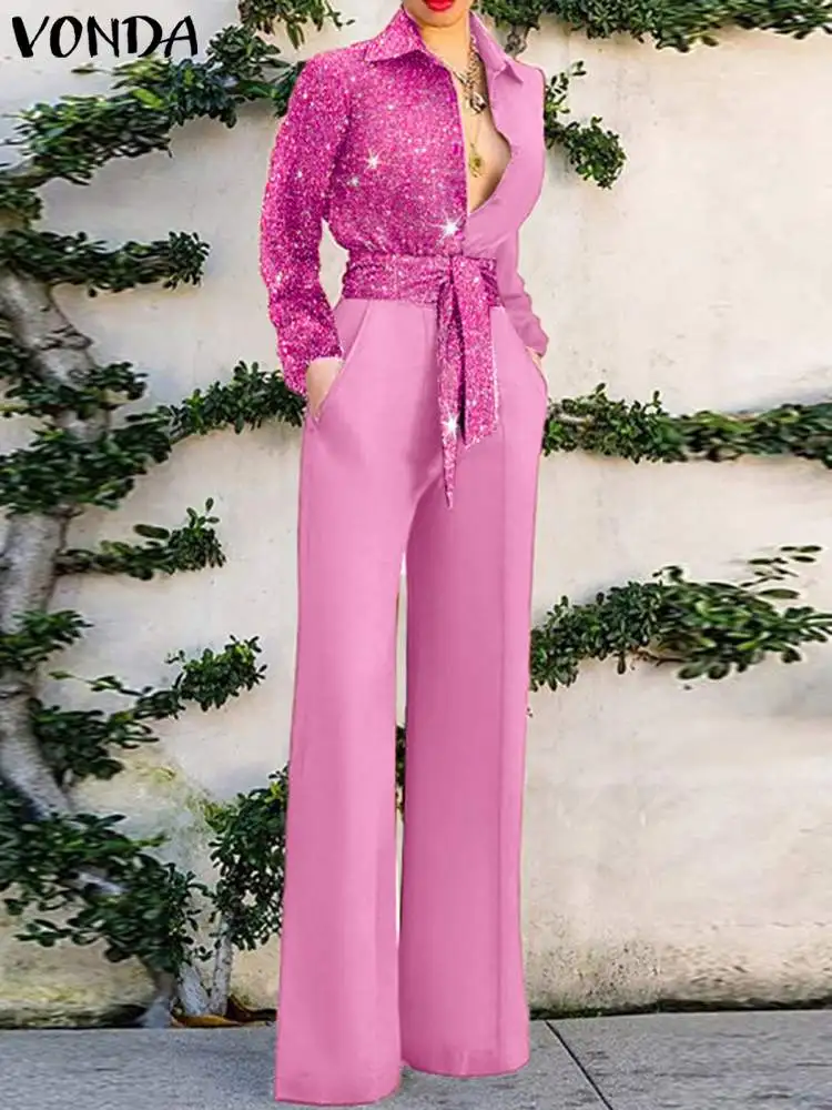 

2023 Party Jumpsuits VONDA Elegant Women Long Sleeve Lapel Button Up Wide Leg Jumpsuits Casual Playsuits Palazzo Pants Pantalon