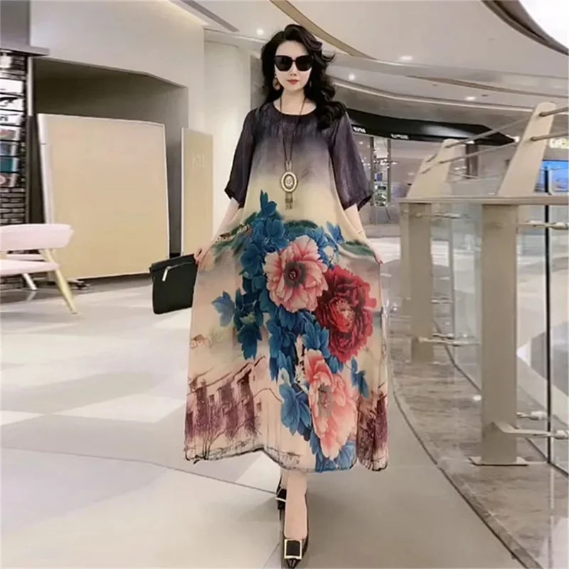 Платье женское длинное из шелка тутового шелкопряда с цветочным принтом