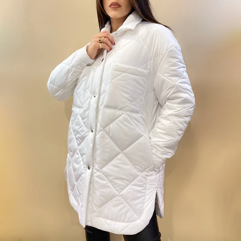 2021 Front Buttons Parkas Women Fashion Simple Argyle Coats Women Elegant Turn Down Collar Solid Cotton Jackets Female Ladies