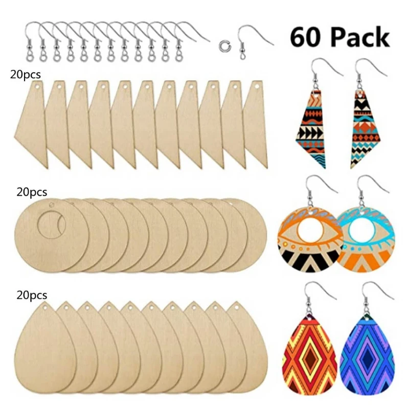 

60 Pieces Unfinished Wooden Earrings Pendants Blank Jewelry Making DIY Crafts
