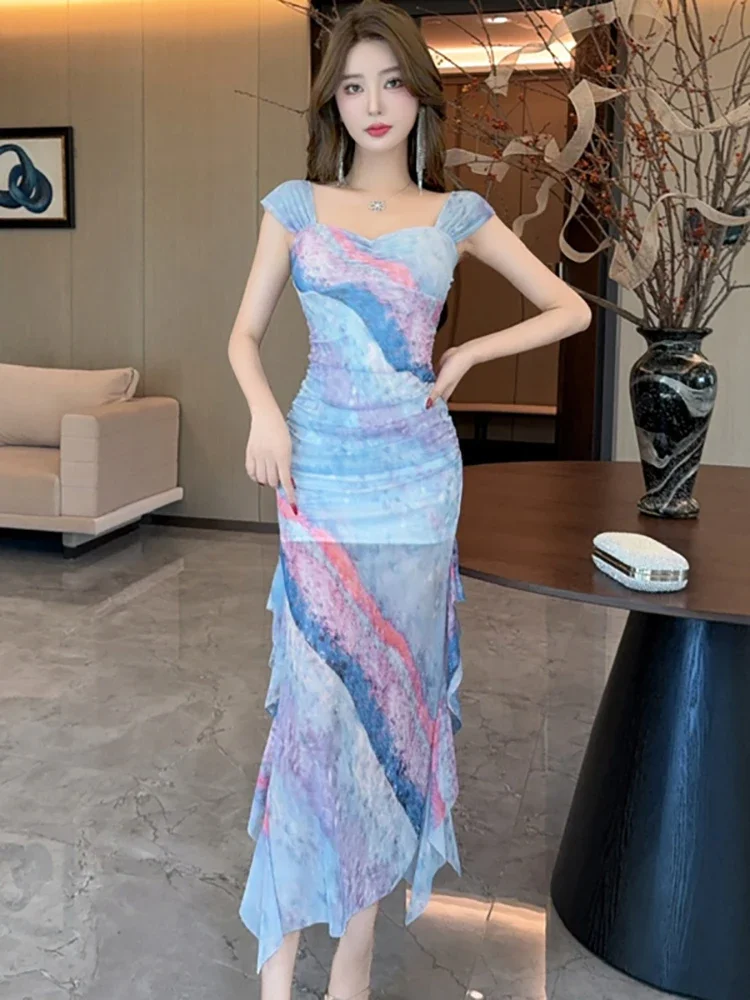 2024 Boho Blue Print Mesh Sling Long Dress Women Elegant Casual Ruffled Beach Spring Summer Korean Fashion Bodycon Dresses