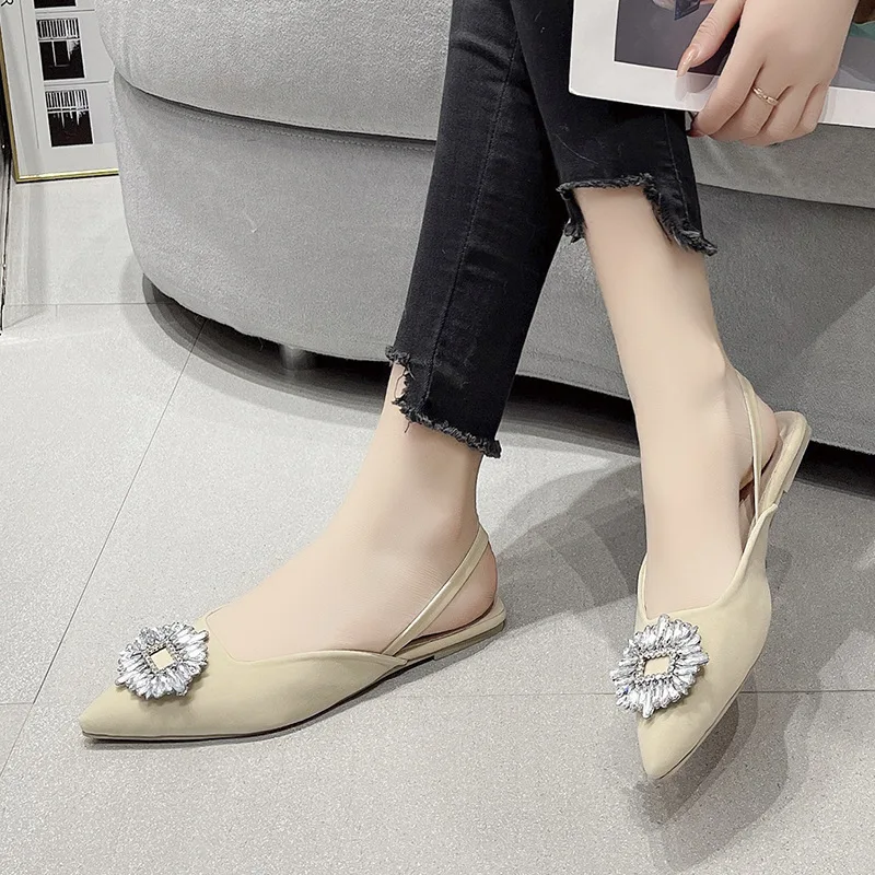 

2023 New Women's Shoes Pointed Toe Shallow Nude Pink Diamond Shoes Flat Heel Back Strappy Shoes Women Mules Sandalias De Mujer
