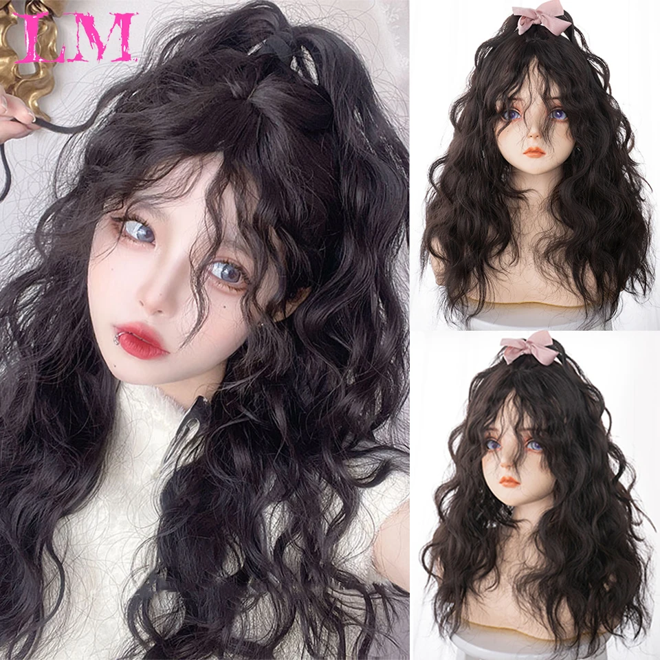 LM Brown Black Synthetic Wig for Women Long Curly Wave Wigs with Bangs Cosplay Party Heat Resistant Hair