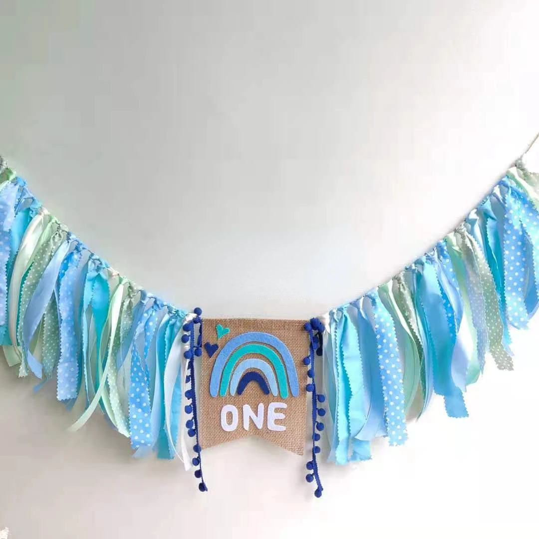 1st Kids Birthday Party Highchair Garland Rainbow Boho Theme Boy One Blue Tribal Floral Happy Birthday Chair Banner