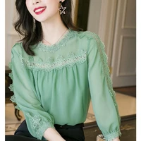 elegant o neck spliced chiffon hollow out lace blouse womens clothing 2022 new casual pullovers commute lantern sleeve shirt