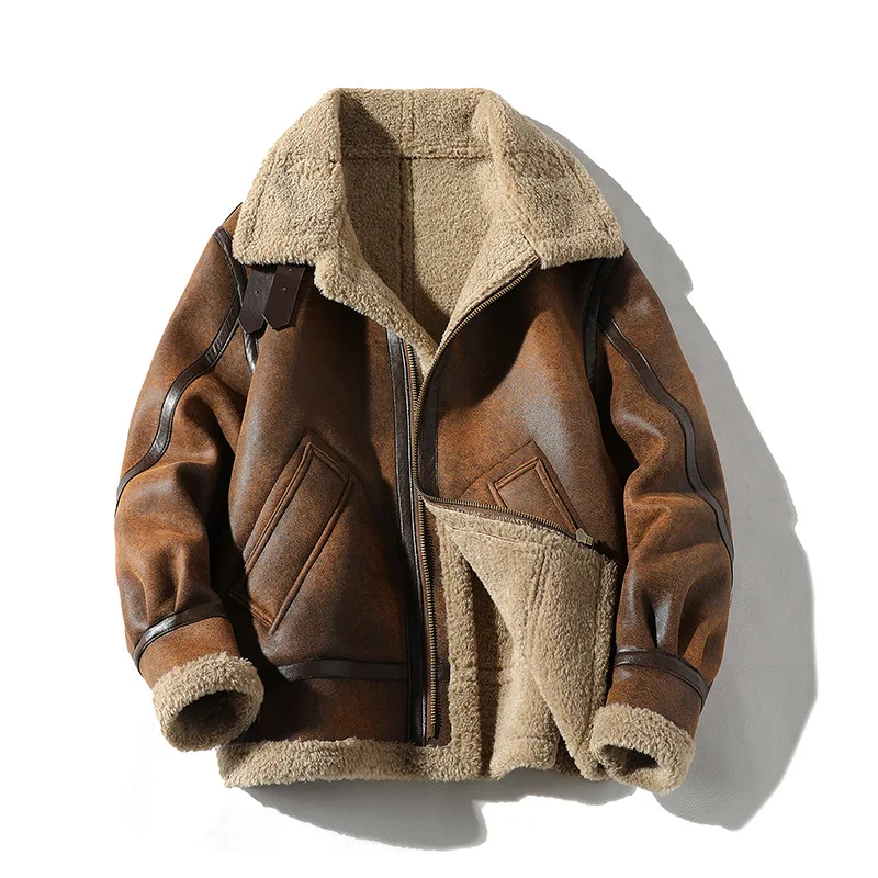

M-5XL Winter Coat Men's Fur One Coat with Fleece and Thick Lapel Motorcycle Leather Jacket Man