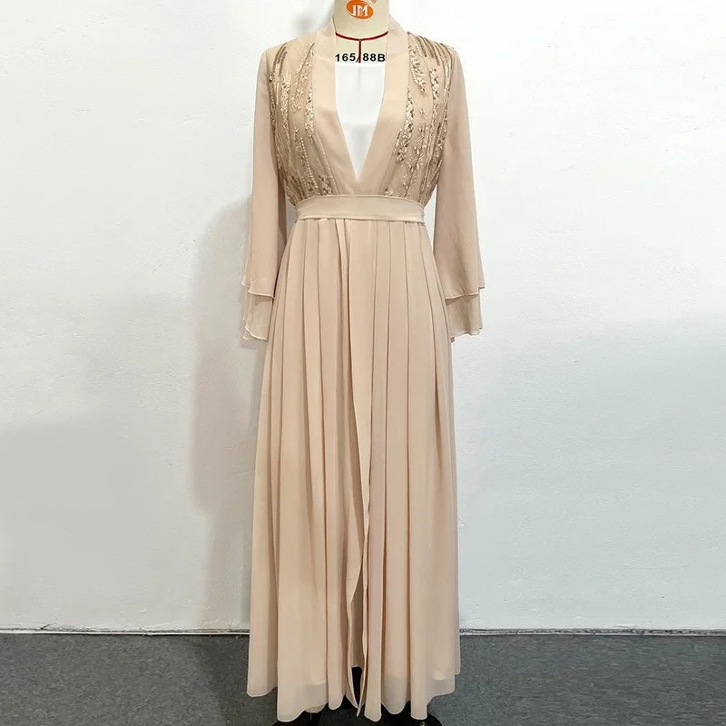 2 Pieces Abaya Dress Sets Modest Muslim Chiffon Sequin Embroidery Kimono Robe + Inner Vest Marocain Caftan Dubai 2022
