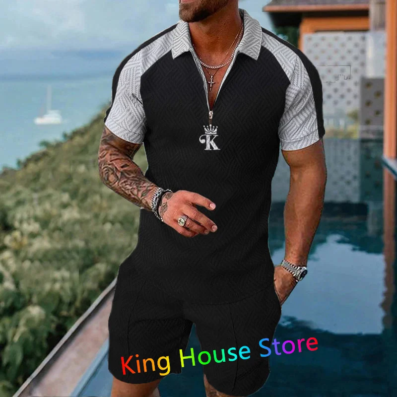 Men's Polo Shirt Tracksuit 2 Piece Set Summer 3D Print Zipper Polo Short Sleeve Shorts Outfit Fashion Sportswear Clothes Sets