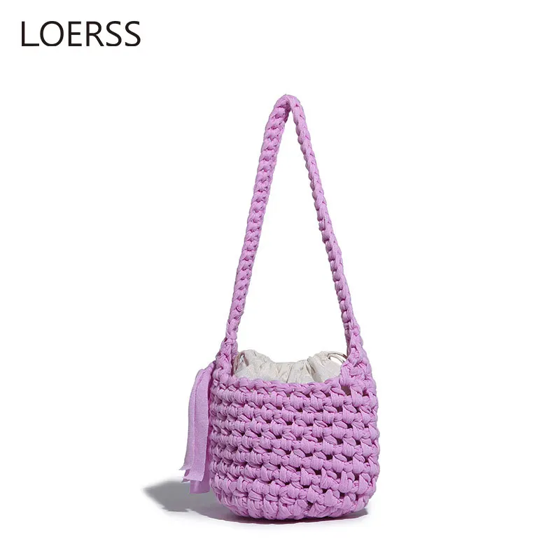 LOERSS Fabric Bucket Bag Knitted Shoulder Bag Beach Vacation Crossbody Bag for Women Hollow Casual Handbag Handmade Female Bag