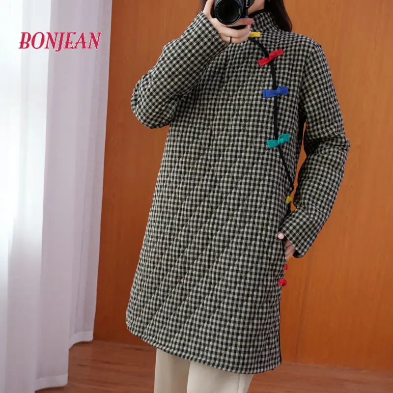 2022 Winter Fashion Rhombus Parka Good Quality Dress Suit Loose A-line Skirt Long Sleeve Warm Cotton Chinese Style Boho Dresses