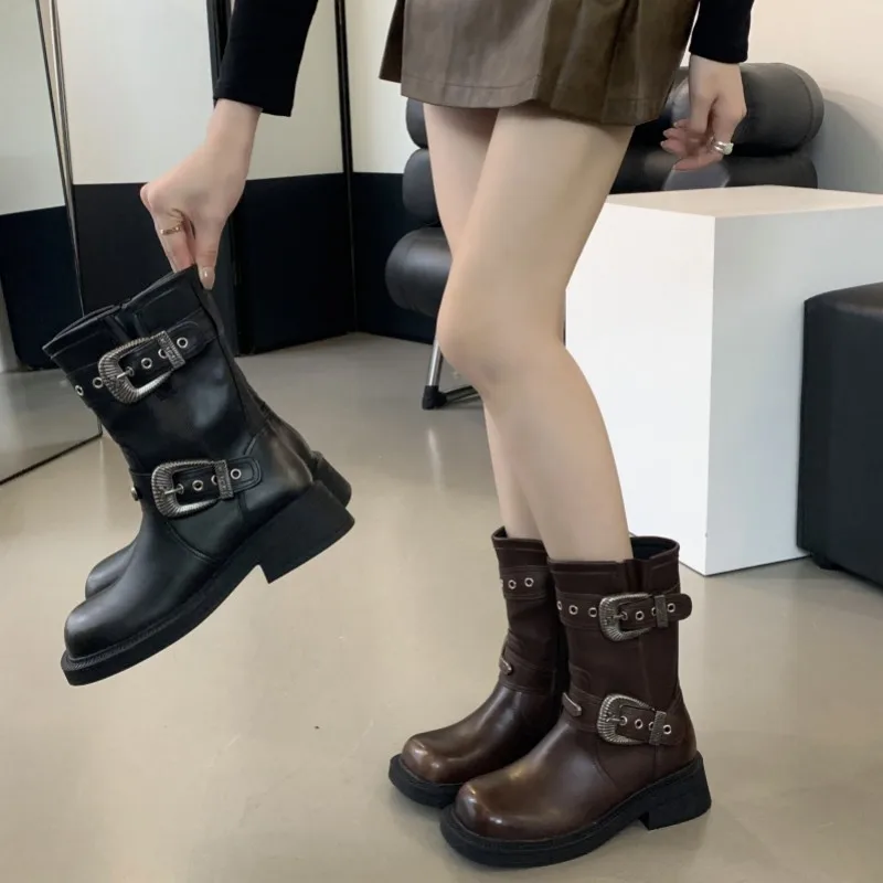 Женские черные сапоги-гладиаторы до середины икры на молнии круглый носок