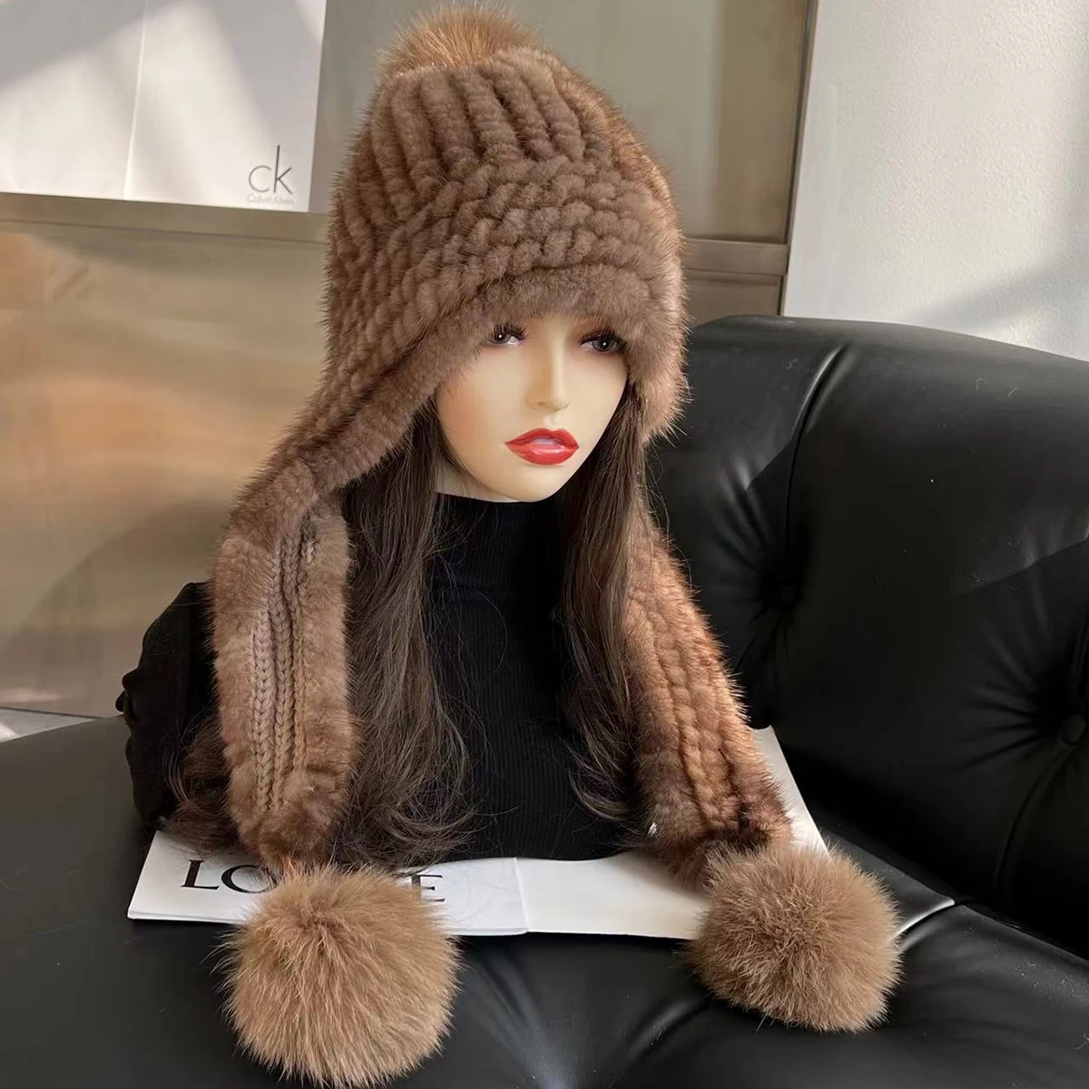 Imported Real Mink Woven Scarves And Hats One Piece Snow Hat Fur Ear Protection Hat Casual Outdoor Winter Mink Hair Warm Scarf