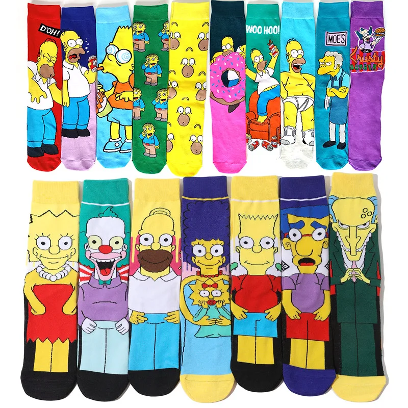 Disney Simpsons Cartoon Anime Socks Men Happy Funny Hip Hop Print Novelty Crazy Sokken Skateboard Meias Big Szie