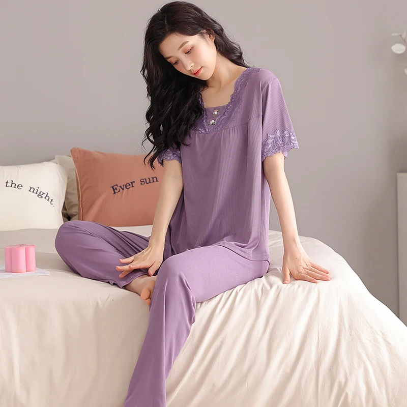 

Modal Cotton Pajamas Set Short Sleeve T-shirt Long Pants 2Piece/Set Summer Sexy Hot Pyjama Big Yards Homewear Cozy Sleepwear