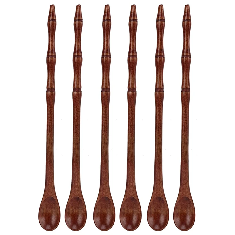 

6Pcs Coffee Wooden Natural Retro Long Joint Plant Handle Wood Tea Spoons For Sugar Drinks Tea