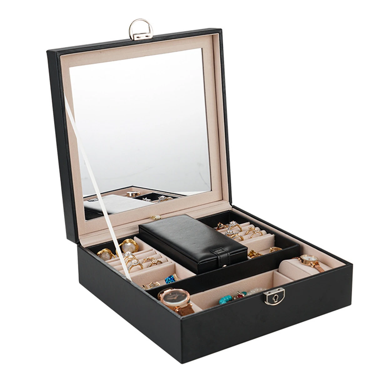 

Multi-function PU Leather Jewelry Organizer Storage Display Boxes with Mirror for Space Saving Ring Earring Organization