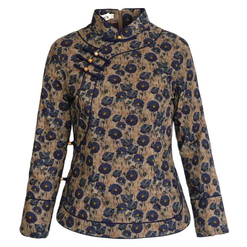 Parka Women's Coats Jackets 2022 Winter New Fashion Cotton-Padded Prints Splicing Chinese Style Warm Skinny Parkas Shirts Woman