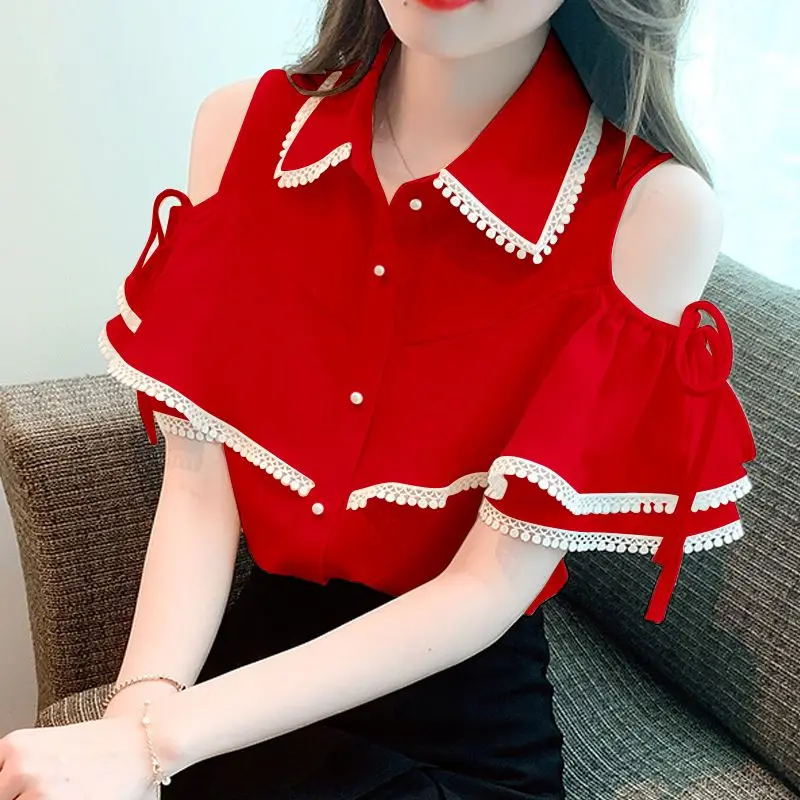 

Fashion Off Shoulder Bow Hollow Out Petal Sleeve Shirt Female Clothing 2023 Summer New Oversized Casual Tops Office Lady Blouse