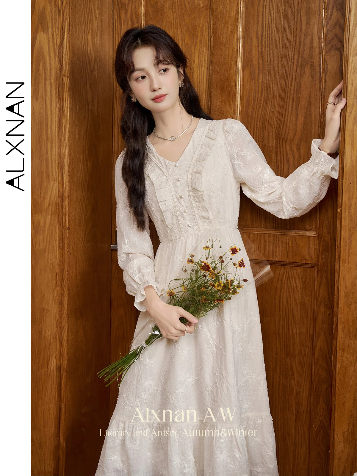 ALXNAN Французские романтические платья для женщин Классический V-образный вырез