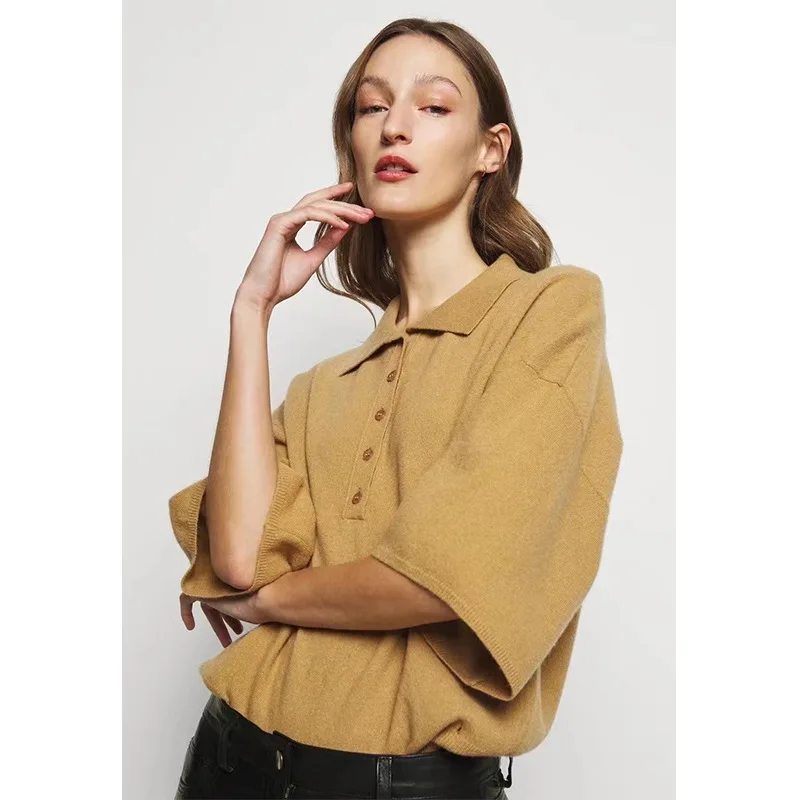 

2022 Summer Women Khaki Linen Knitted Lapel-collar Top High Street Fashion Free Shipping