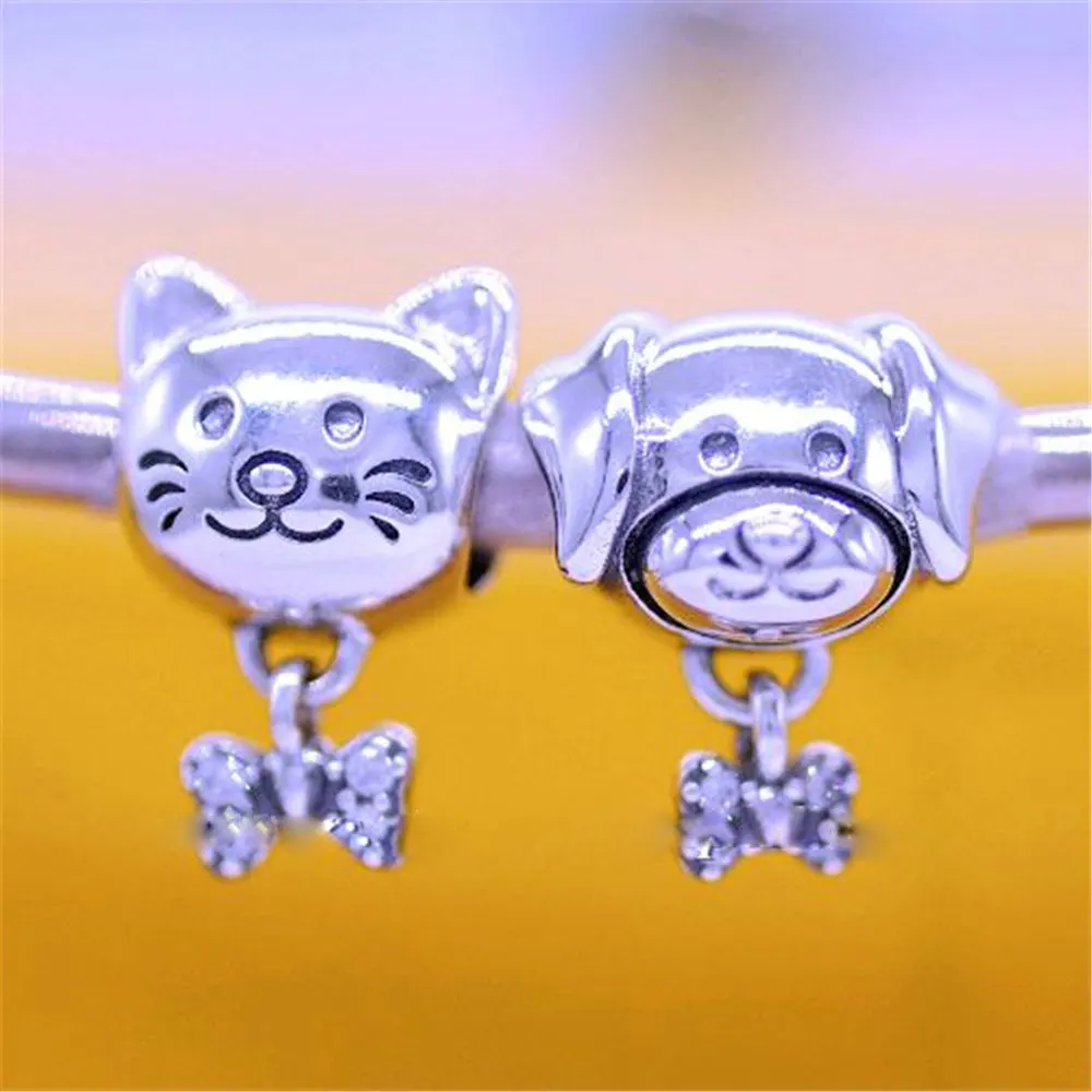 925 Sterling Silver Pet Dog Cat & Bone Dangle Charm Bead Fits All European Pandora Bracelets Necklaces