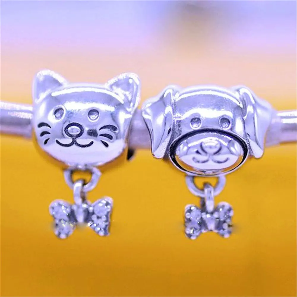 

925 Sterling Silver Pet Dog Cat & Bone Dangle Charm Bead Fits All European Pandora Bracelets Necklaces